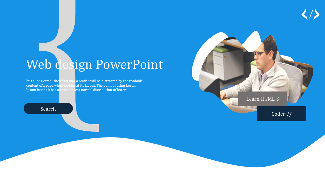 Web design PowerPoint template with a person working on a computer and a blue background with placeholder text.