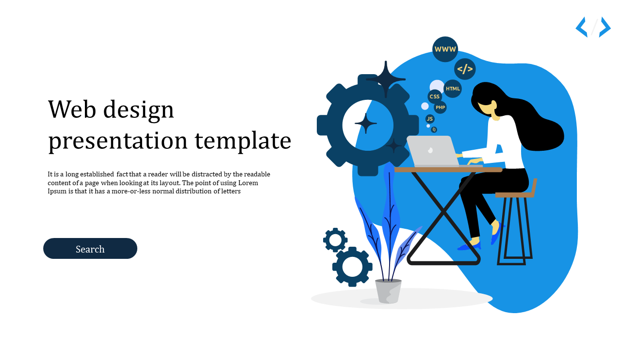 Web design blue themed slide featuring a person working on a laptop, surrounded by coding symbols and gears.