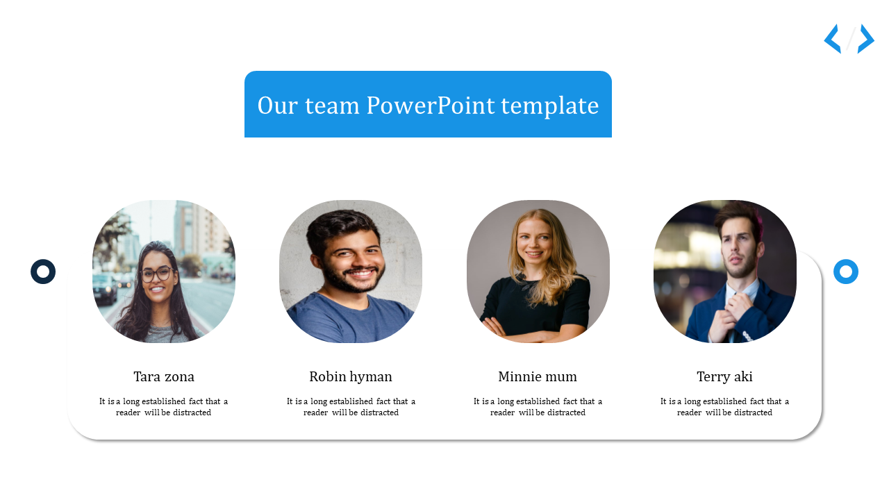 Team introduction slide with circular profile images of four team members, each with names and short descriptions below.