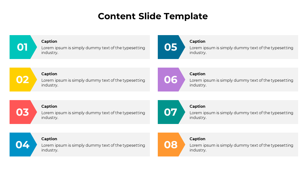 Colorful content slide with eight numbered captions, paired with pentagonal shapes in various colors.