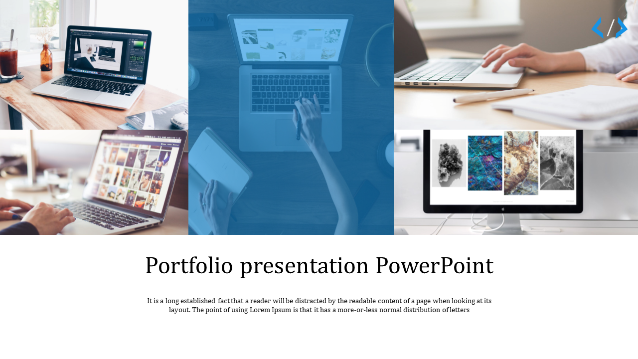 Portfolio slide with multiple laptop images and a centered blue tinted image of a desktop screen showcasing artwork.