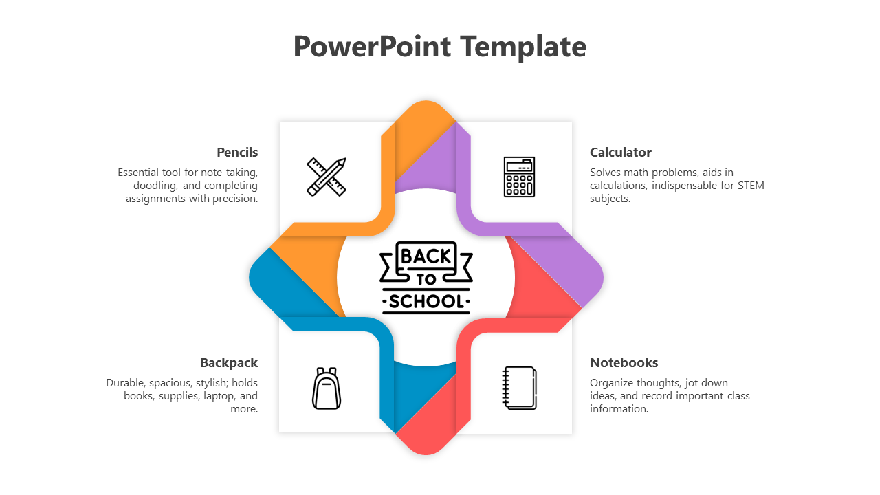 Multicolor back to school PowerPoint template featuring icons for pencils, backpack, calculator, and notebooks.