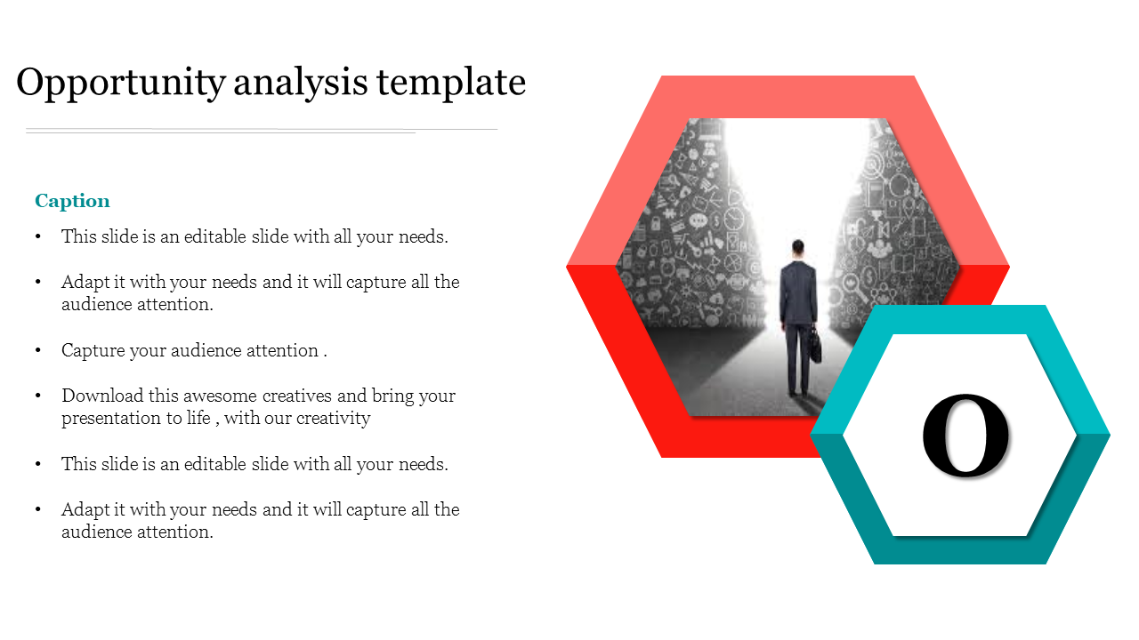 Opportunity analysis template with a businessman standing at a doorway and a caption section for placeholder text.