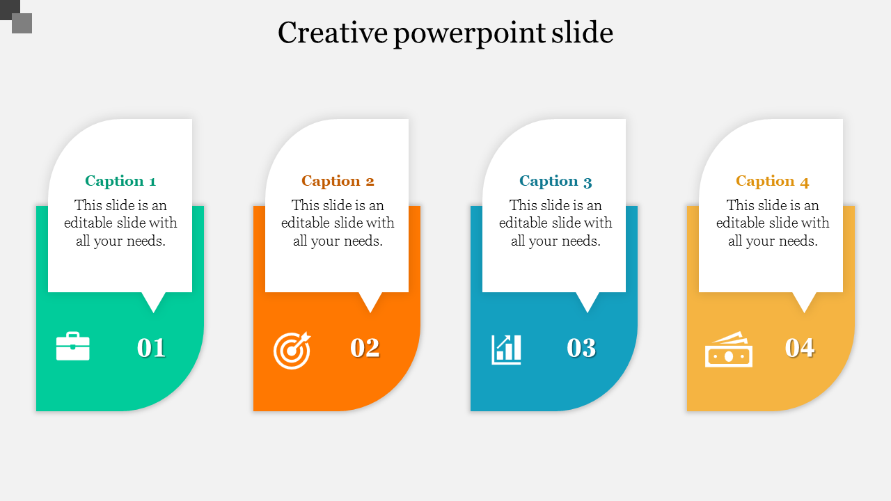 Colorful creative PPT slide with four sections featuring icons for business, targets, growth, and finance with captions.