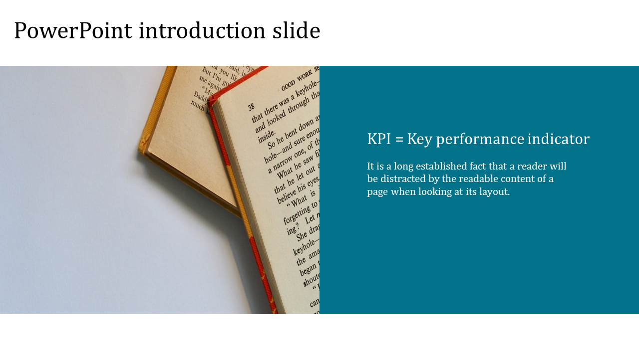 Simple PowerPoint introduction slide with an image of two open books and a text box explaining KPI with placeholder text.