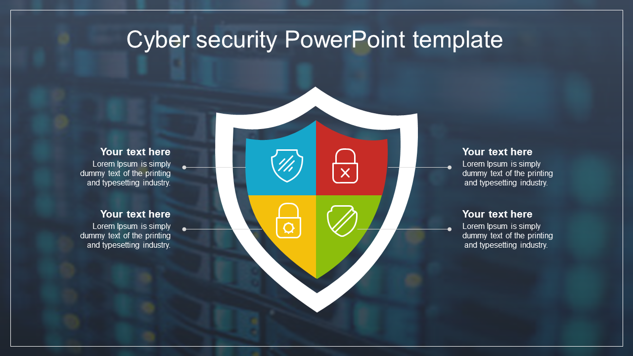 A cyber security PowerPoint slide featuring a shield with colored sections and icons, set against a digital background.