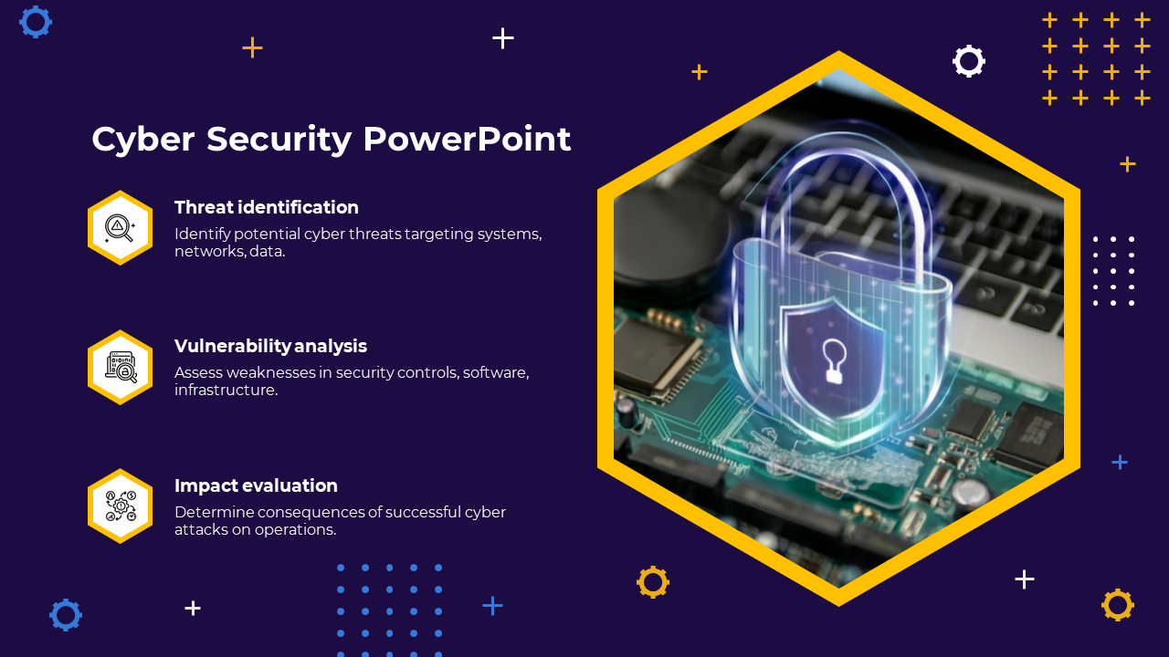 Cybersecurity slide combining key strategies with vibrant graphics, including a secure padlock hologram and hexagon icons.