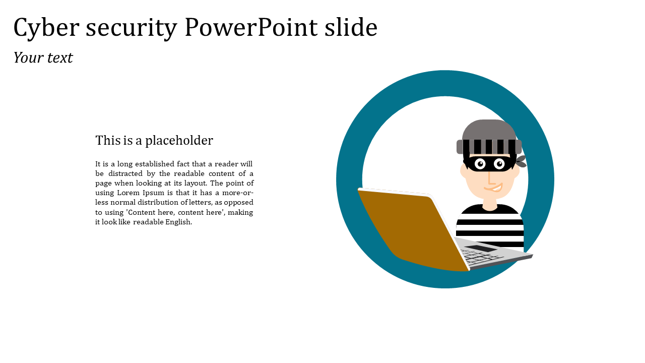 Illustration of a hacker with a laptop inside a teal circular frame, with placeholder text on the left.