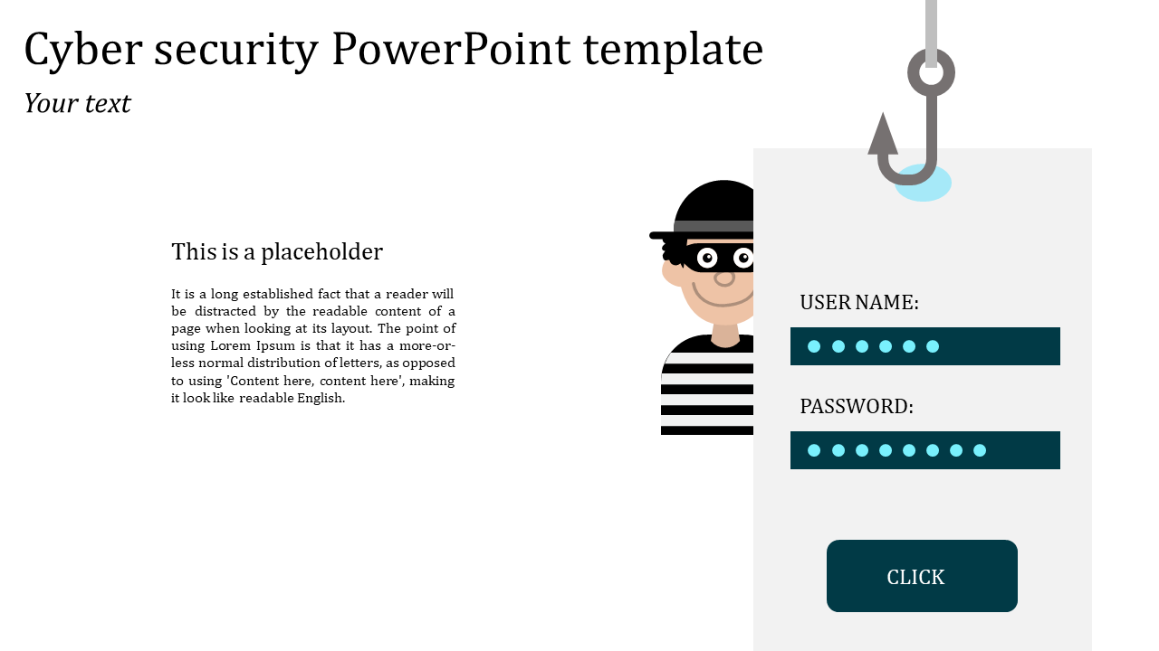 Cyber security PowerPoint template featuring a placeholder text, a hacker illustration, and a phishing login screen.