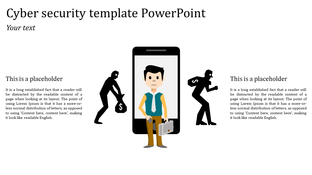 A cyber security slide with placeholders for text on both sides, showcasing a smartphone in the center with characters.