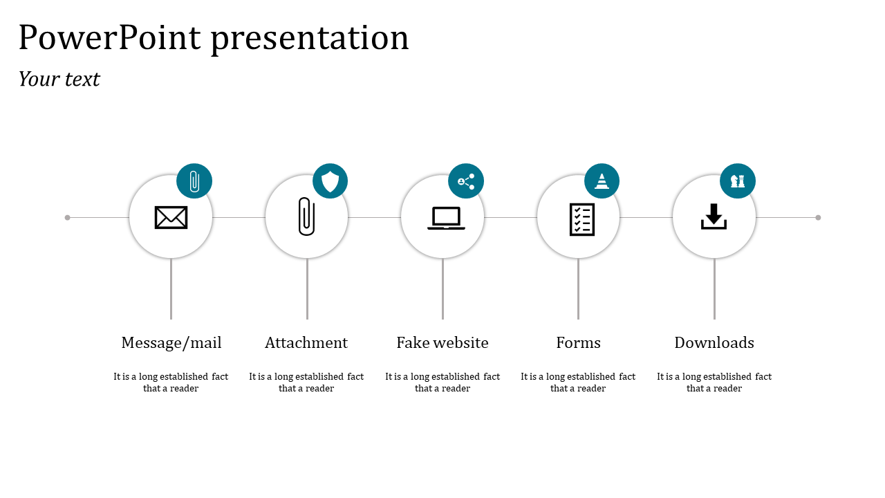 Cybersecurity PPT presentation slide illustrating various threat vectors with circular icons and placeholder text.