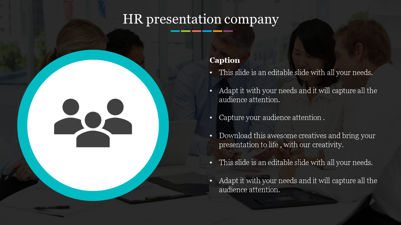 HR presentation slide featuring an icon of three people and a team meeting in the background.