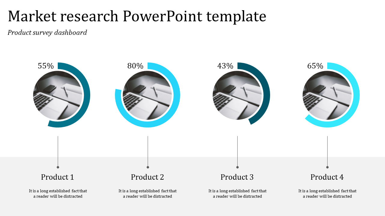 Research slide with four blue and gray semi-circular percentage completion rings and product images, each with text areas.