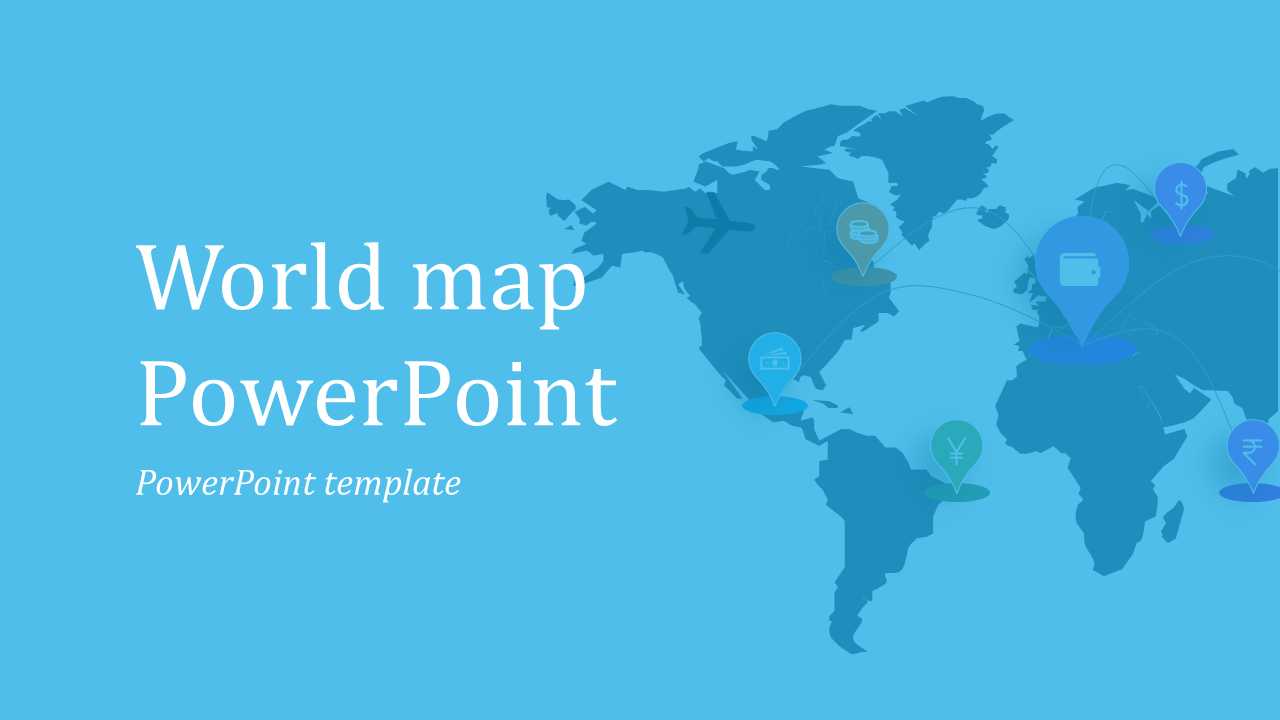 World map with six labeled location markers and travel path, set against a bright blue background.