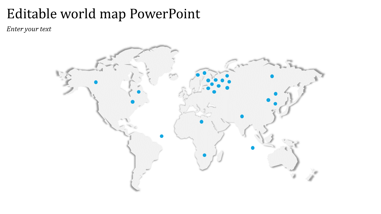 World map PowerPoint template with blue dots marking key locations across different continents.