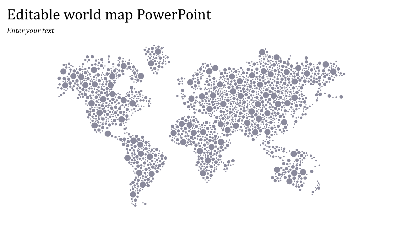 Stylized world map template in PowerPoint format, composed of various sized dots for a modern look.