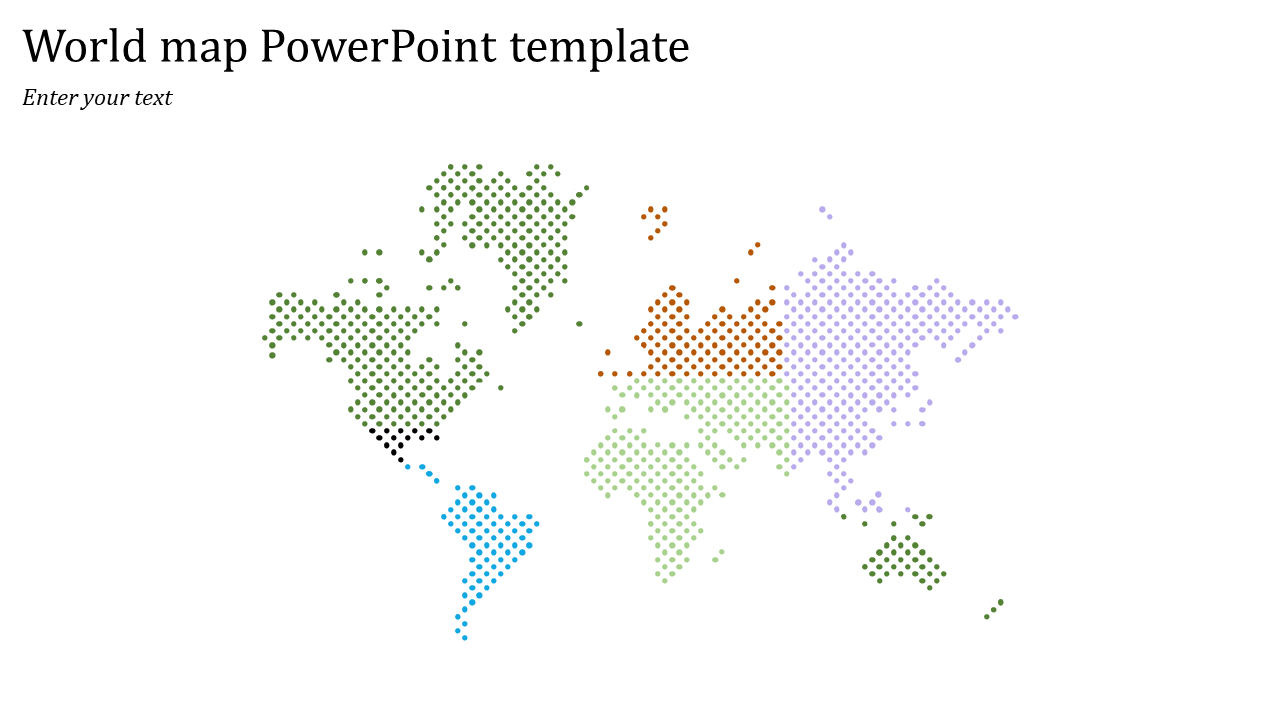 Dotted world map in green, orange, purple, and blue tones on a white background with space for title at the top left.