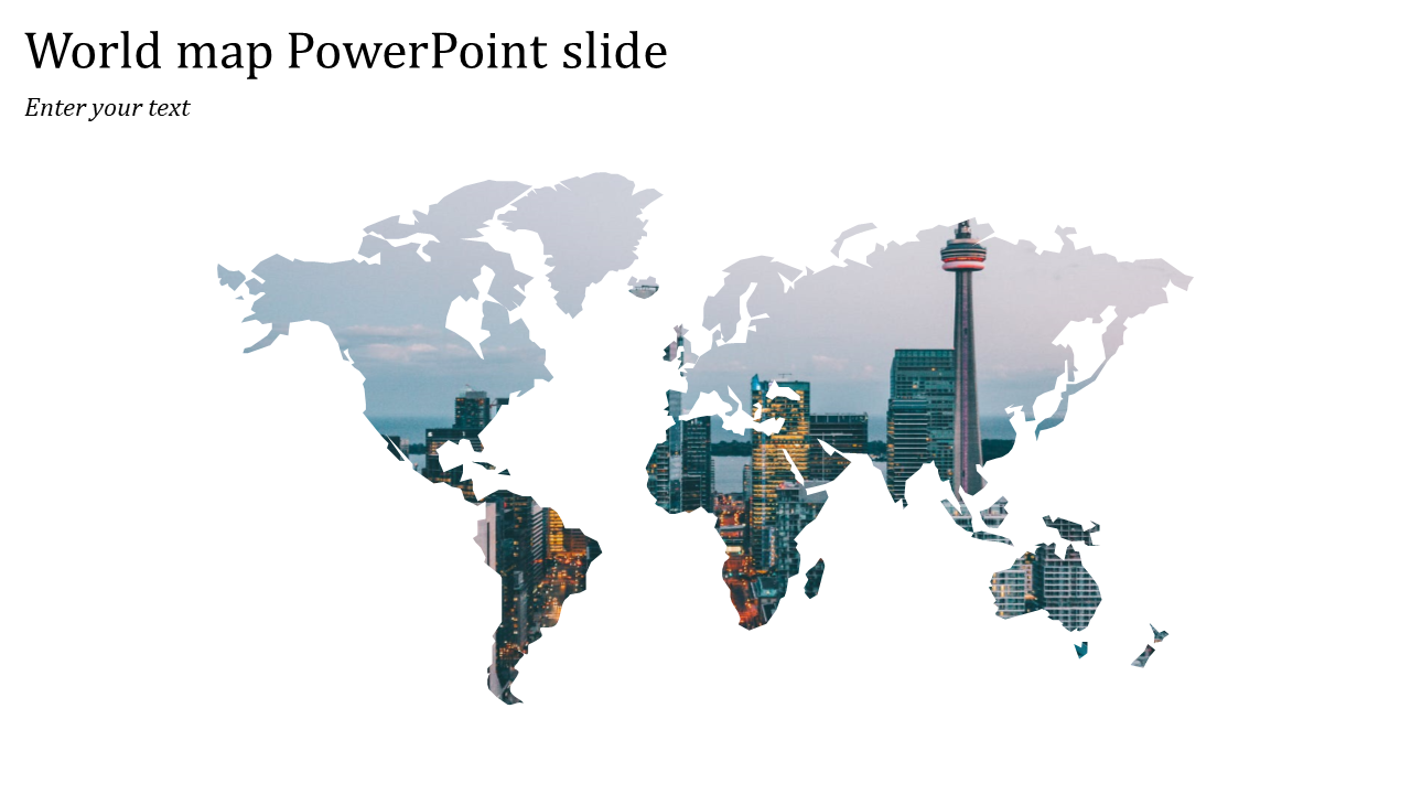 PowerPoint slide with a world map outline featuring a view of the city skyline with placeholder text.