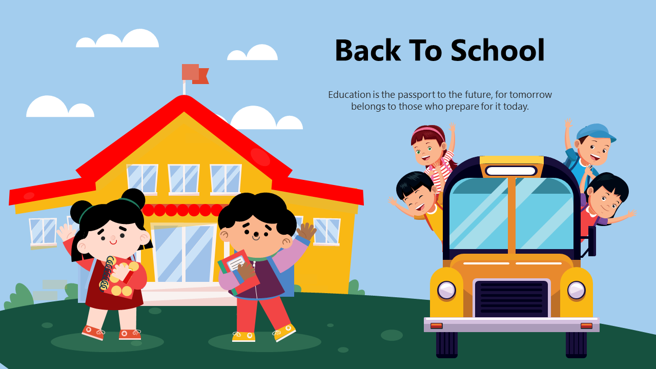 Playful back to school illustration with kids holding school supplies, a yellow bus, and a school building under a blue sky.