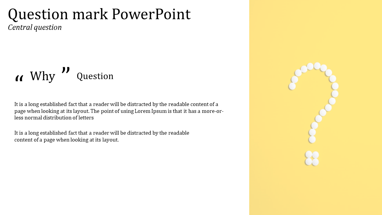 Creative question mark design made with white objects on a bright yellow background for a PowerPoint slide.