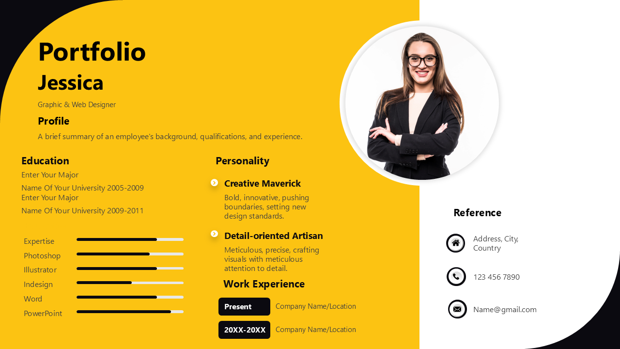 Portfolio layout with a professional photo, skills bars, and contact information, on a yellow and white backdrop.