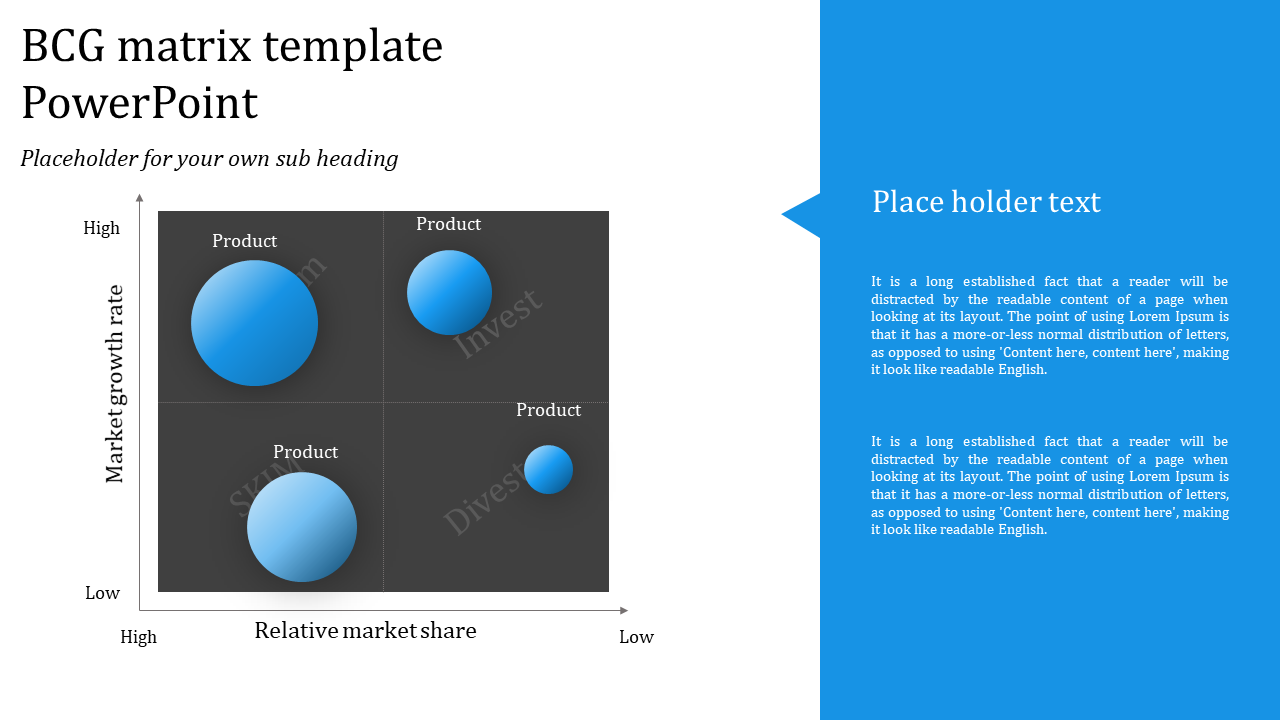 BCG matrix with four gray quadrants containing blue 3D circles representing products, and a text box on the right.