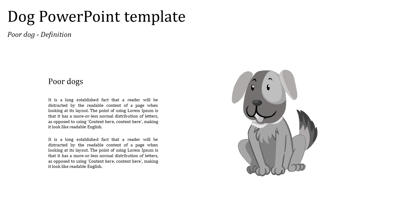 Dog PowerPoint template with cute cartoon dog and placeholder text on a white backdrop.