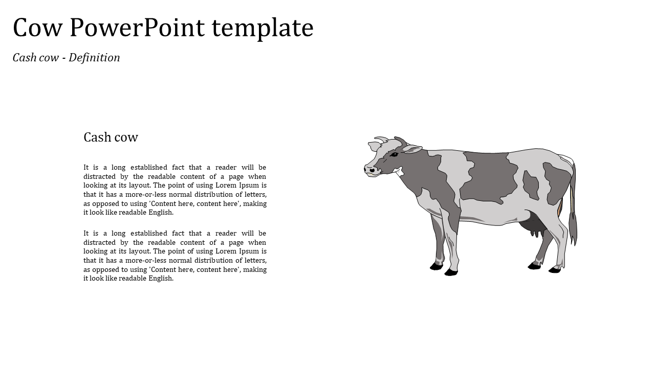 Slide featuring a cow graphic on the right and text on the left defining the term cash cow in a business context.