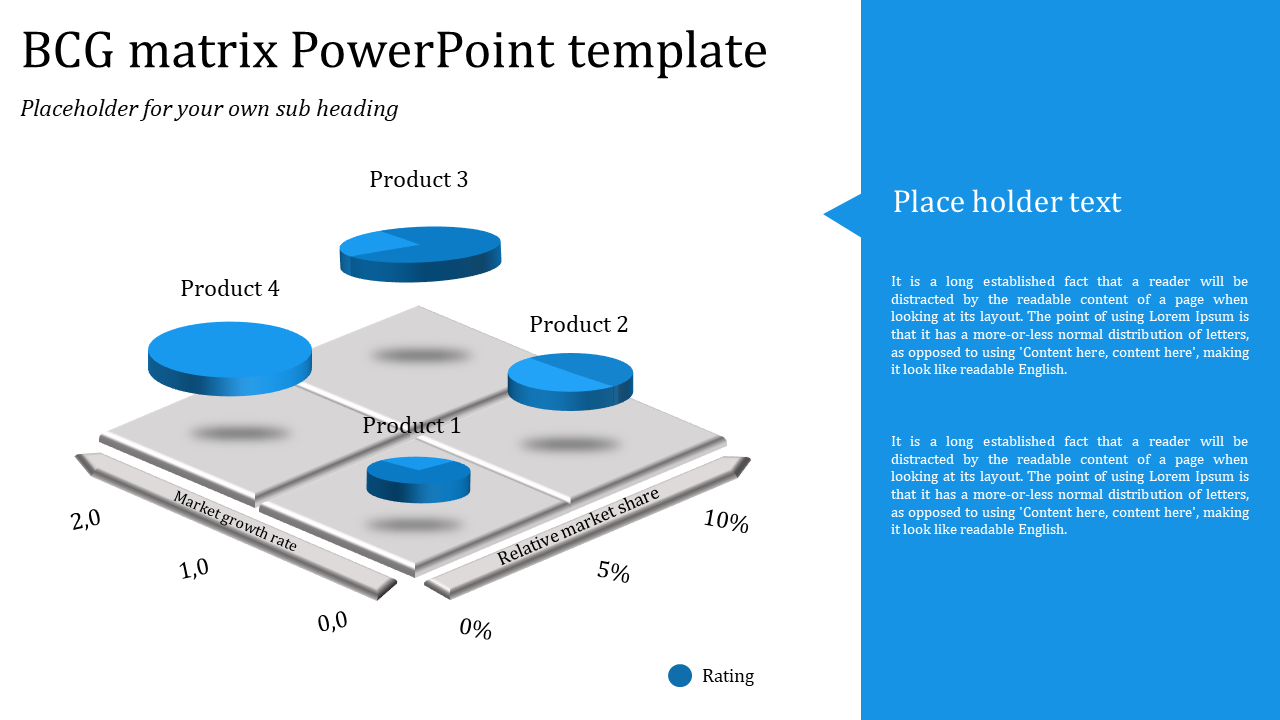 Four blue circular product nodes on a 3D gray matrix, and a side text area for additional content.