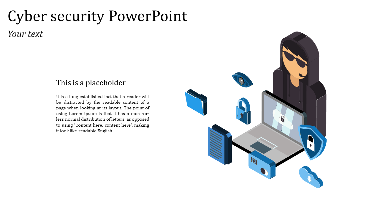 Cybersecurity slide with illustration of a hacker beside a laptop surrounded by security icons and text on the left.