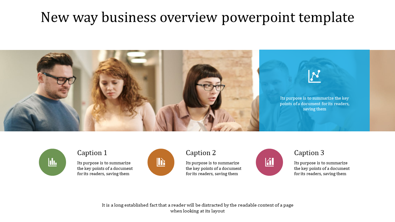 Business overview slide with caption areas for summarizing key points and an image of a team discussing in an office.