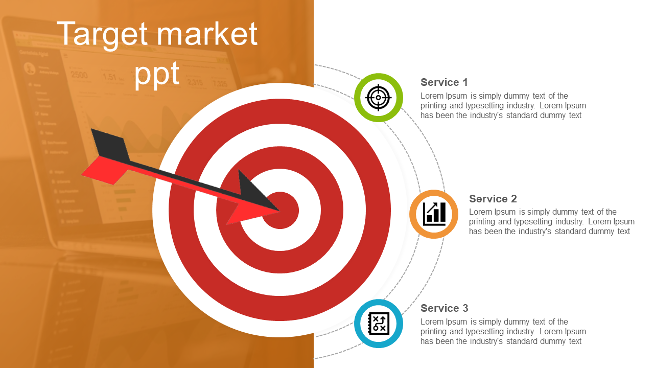 Slide design showcasing target market concept with a red-white bullseye and pointed arrow with three service icons and text.