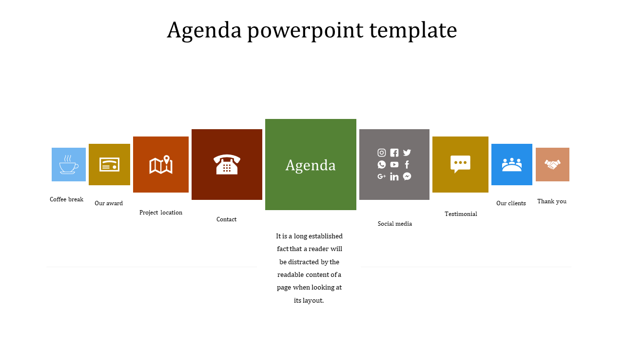 Creative agenda template with nine square blocks in various colors, each featuring icons and text labels below.