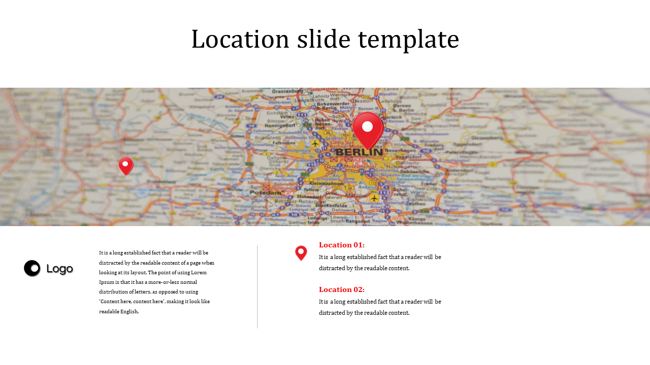 Location slide featuring a blurred map of Berlin with red marker pins and a logo space below.