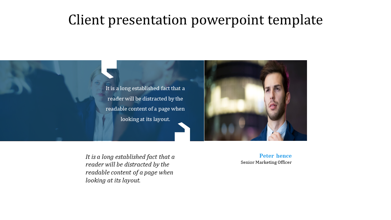 A business PPT slide with a professional image of a man and a woman, alongside text for a senior marketing officer.