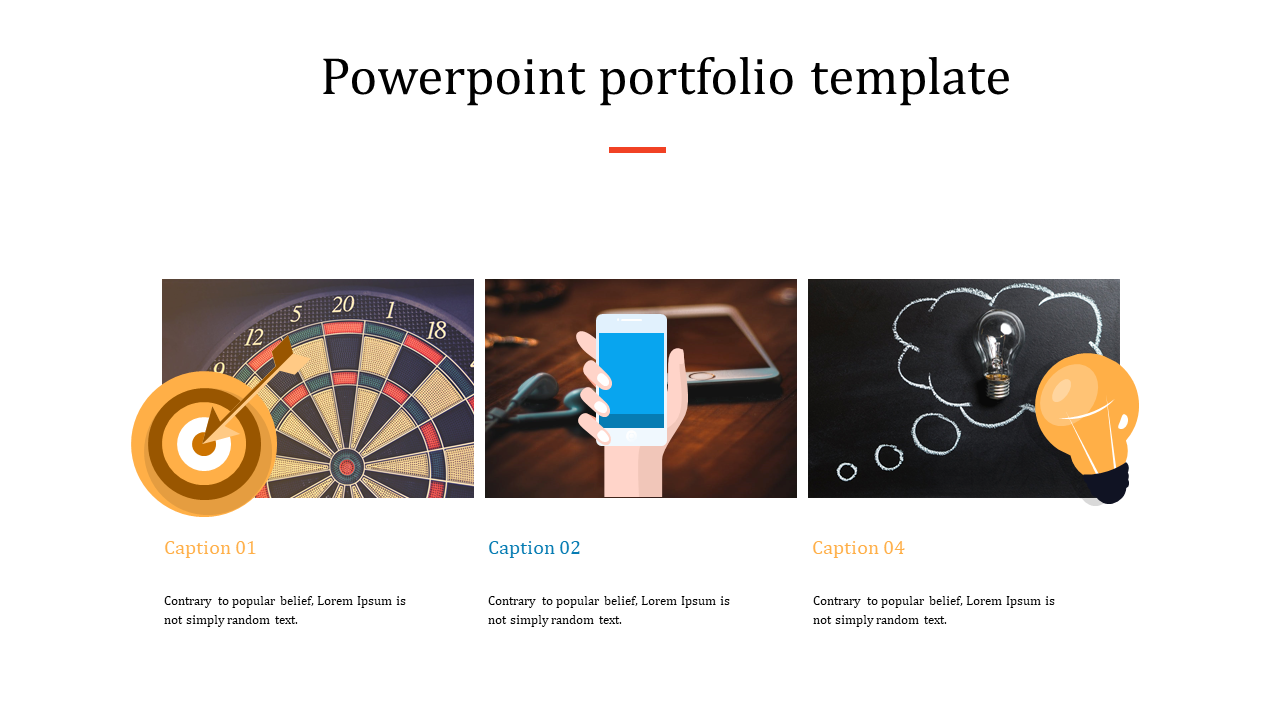 Portfolio template with three images of a dartboard, a phone, and a lightbulb on a clean white background.