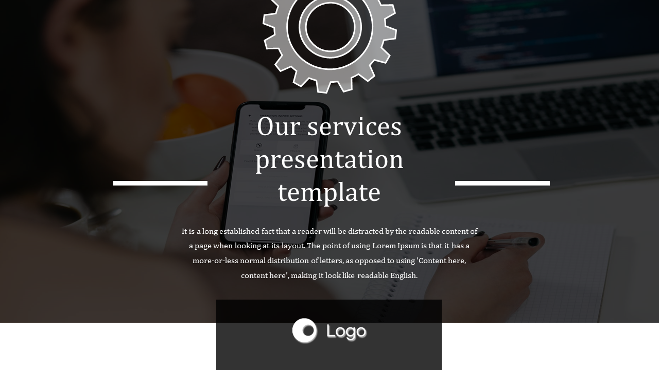 Our services presentation template with a gear icon and space for logo and text in the header on a dark backdrop.