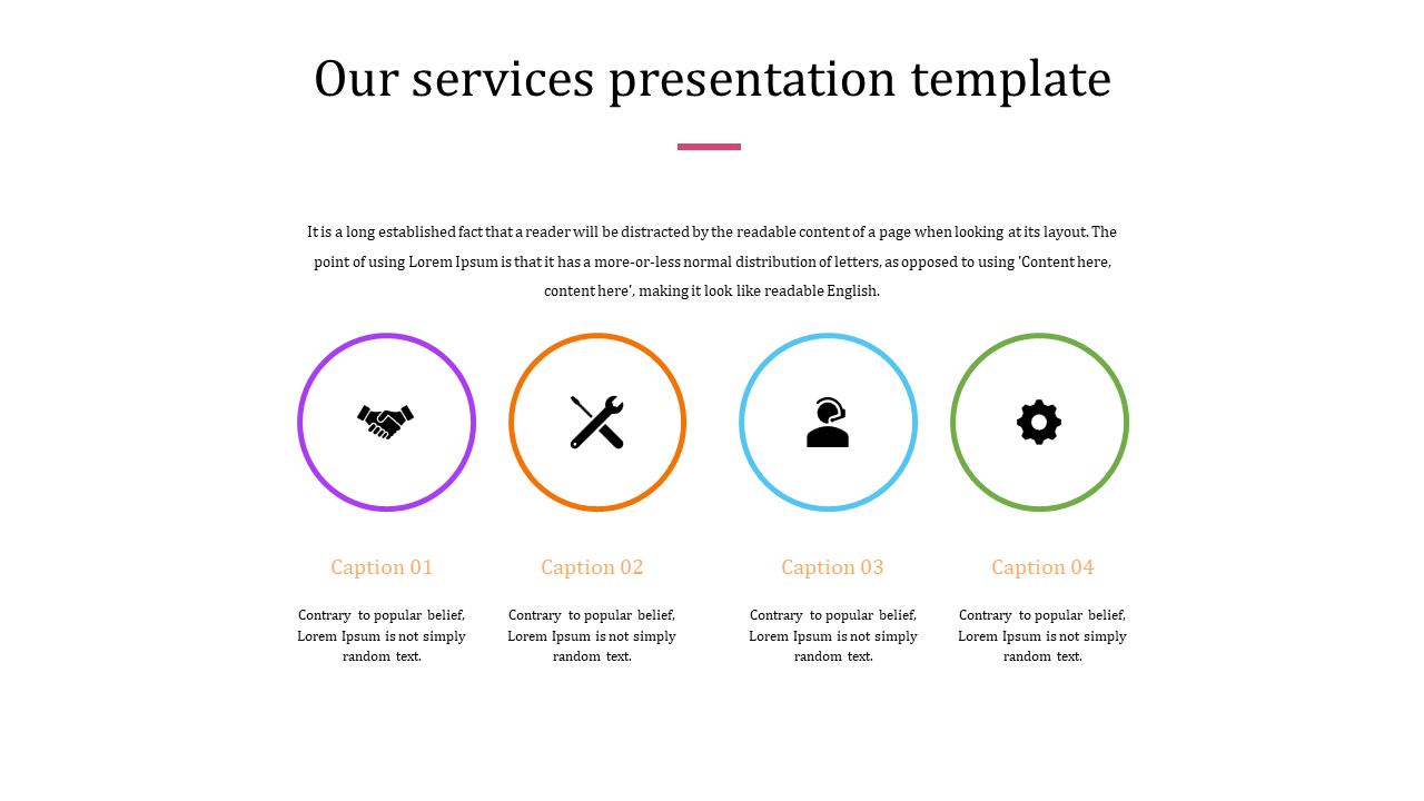 Four service icons in colored circles in purple, yellow, blue, and green, with captions below.