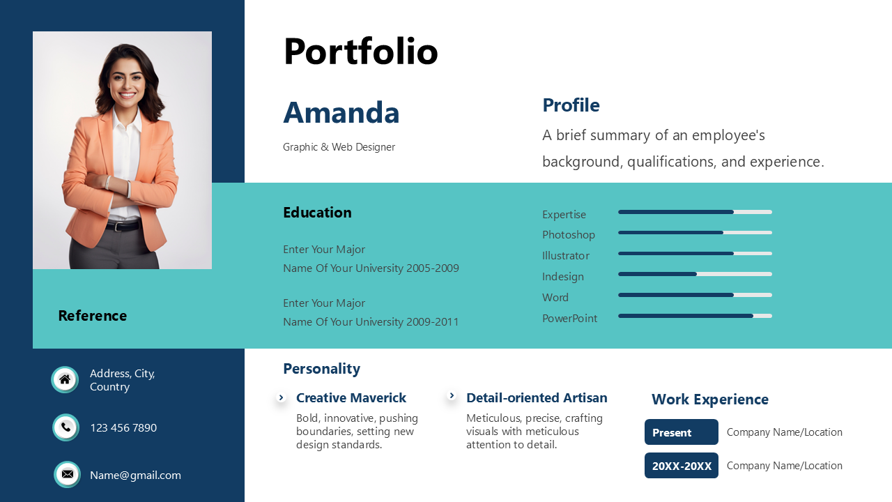 Portfolio slide with a professional portrait, showing education, skills, and personal details, on a blue and teal backdrop.