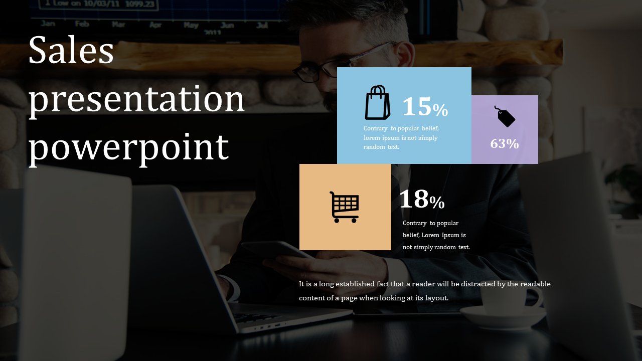 Slide with a dark background image of a person on a laptop, featuring infographic boxes highlighting shopping statistics.