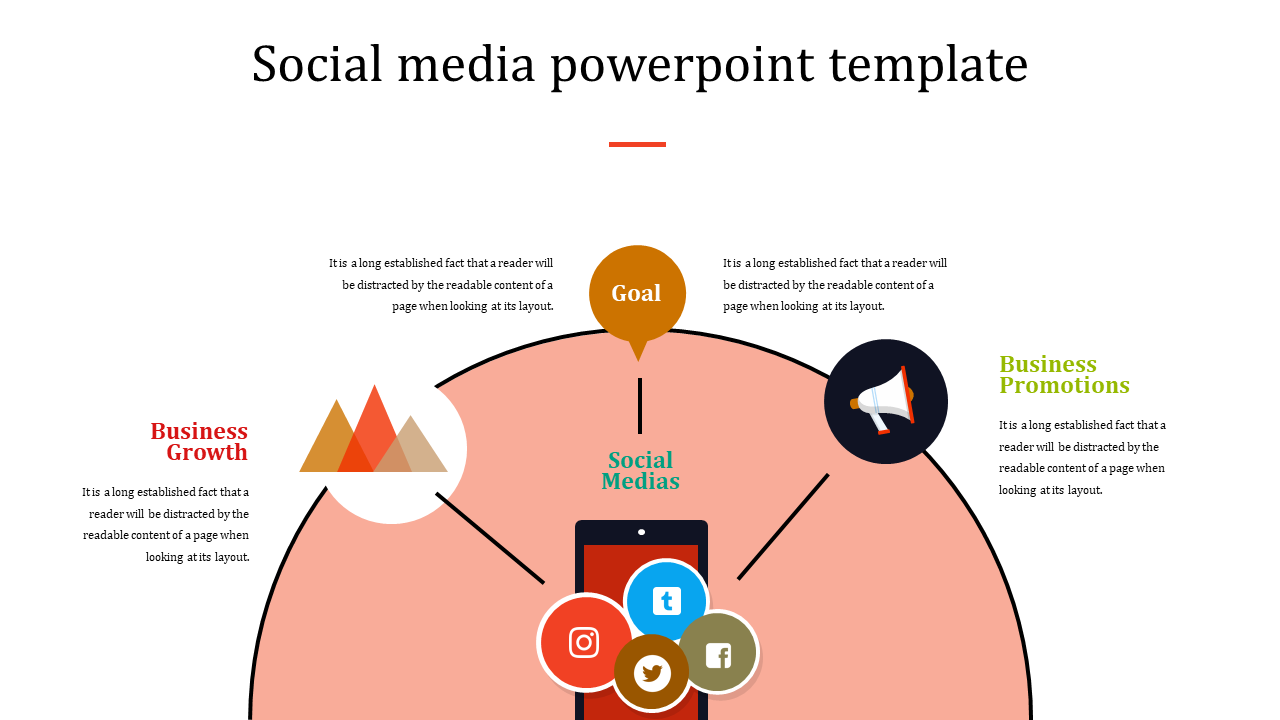 Slide with three colorful icons for business and social media, connected by a semicircular arc with a smartphone.