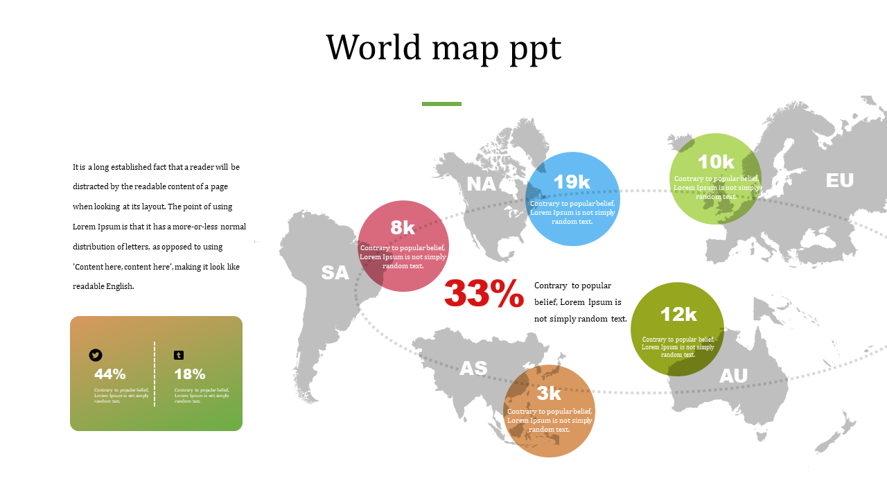 Map with data points in colored circles, left side includes a text area and data infographic.