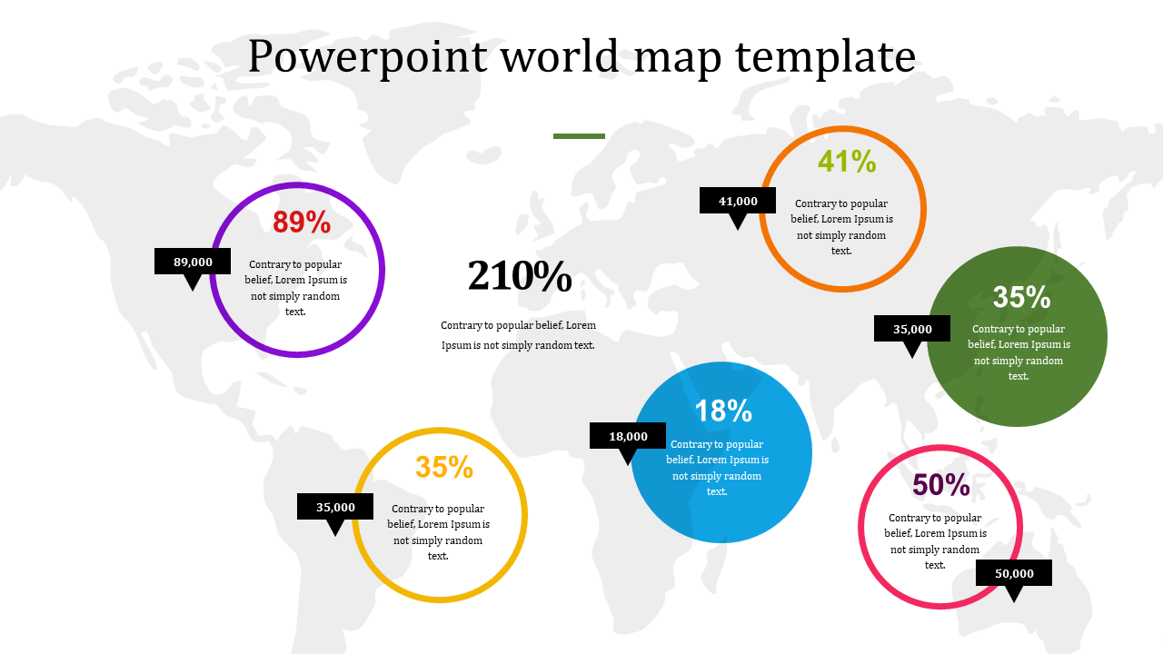 World map with six circles showing different percentage values, each placed with  location and label text.