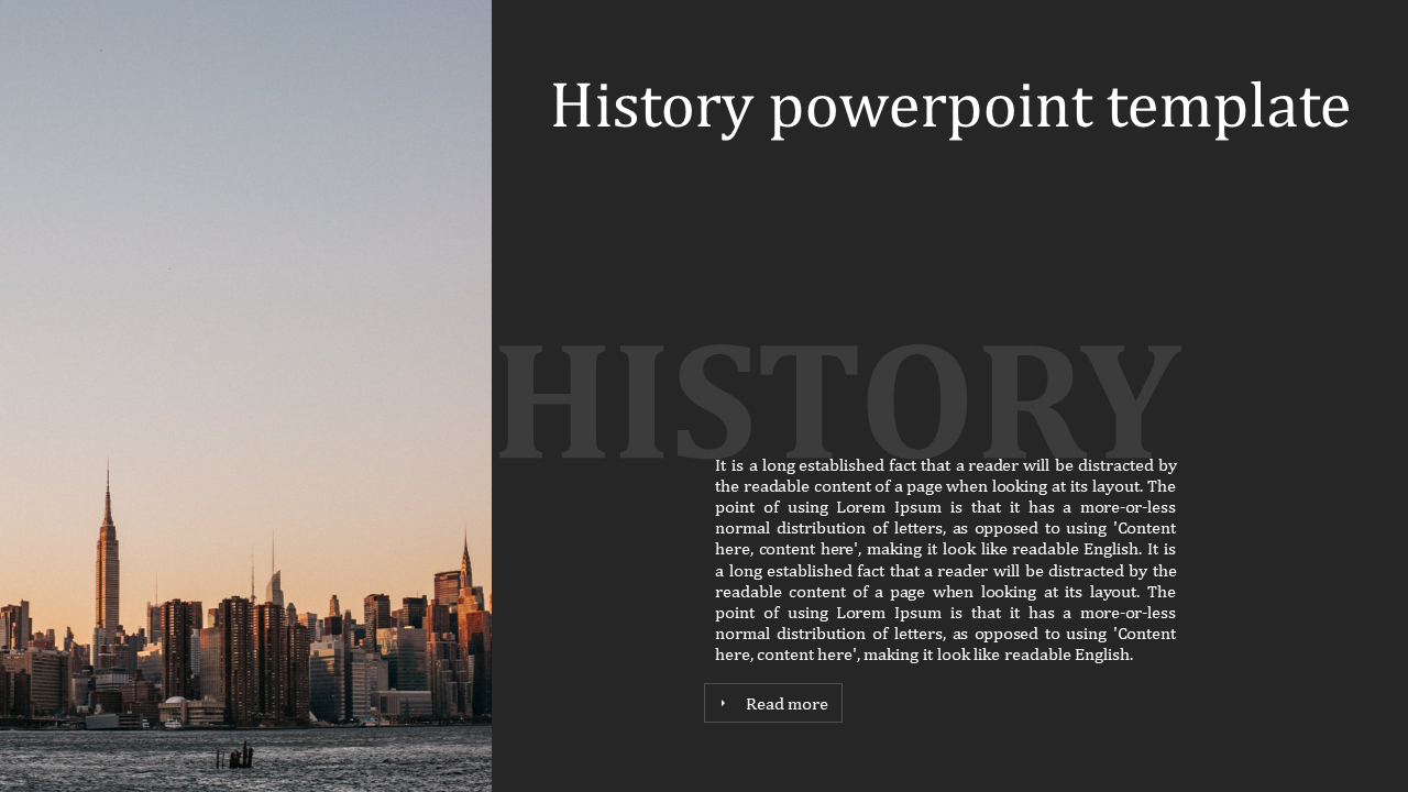 History themed slide with a dark text box featuring bold typography and a scenic city skyline at sunset.