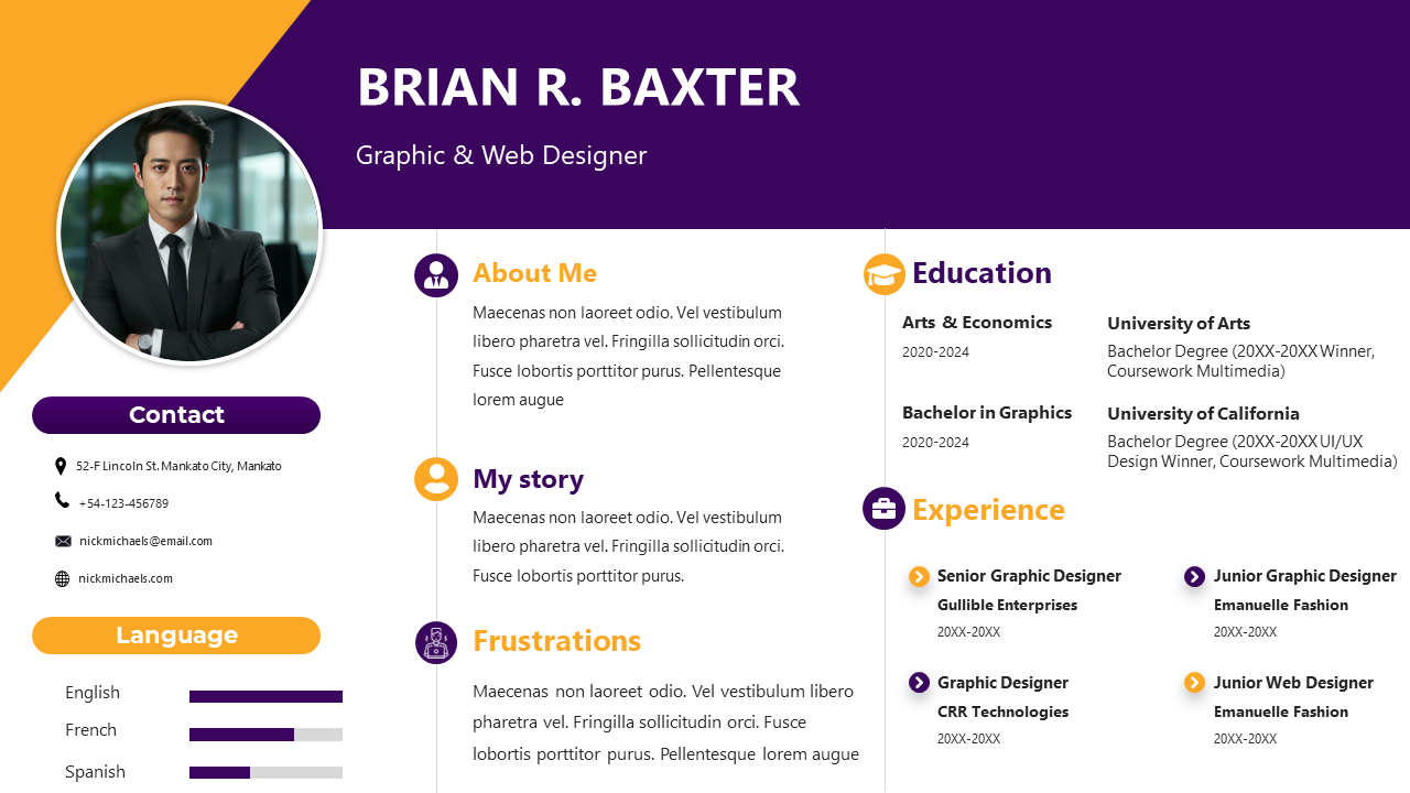 Portfolio layout with a profile photo, contact details, language proficiency, and timeline education and work experience.