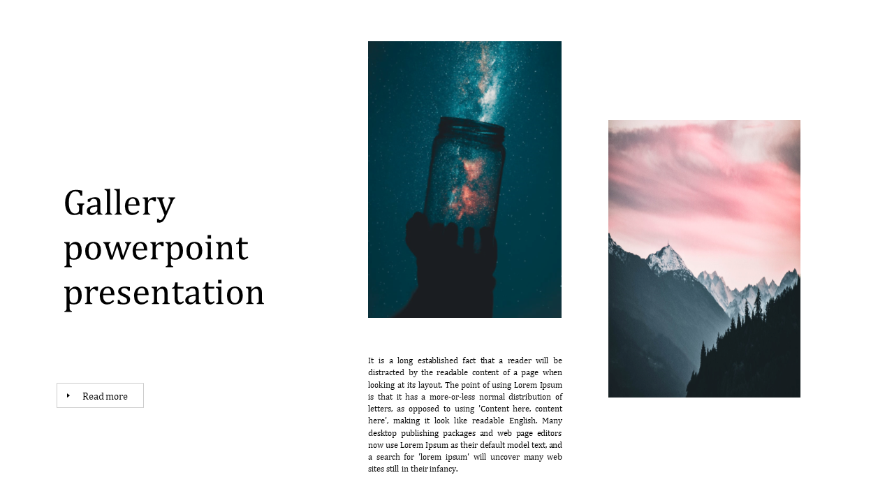 Gallery style layout with two artistic photos, one of a jar catching stars and another of mountains under a pink sky.