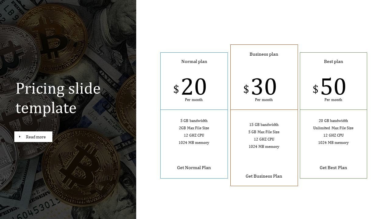 Pricing slide with three outlined plans in blue, orange, and green, alongside a Bitcoin and dollar bill images.