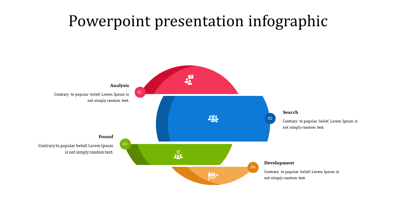 Circular infographic with four curved segments in red, blue, green, and orange, each labeled with a number and icon.