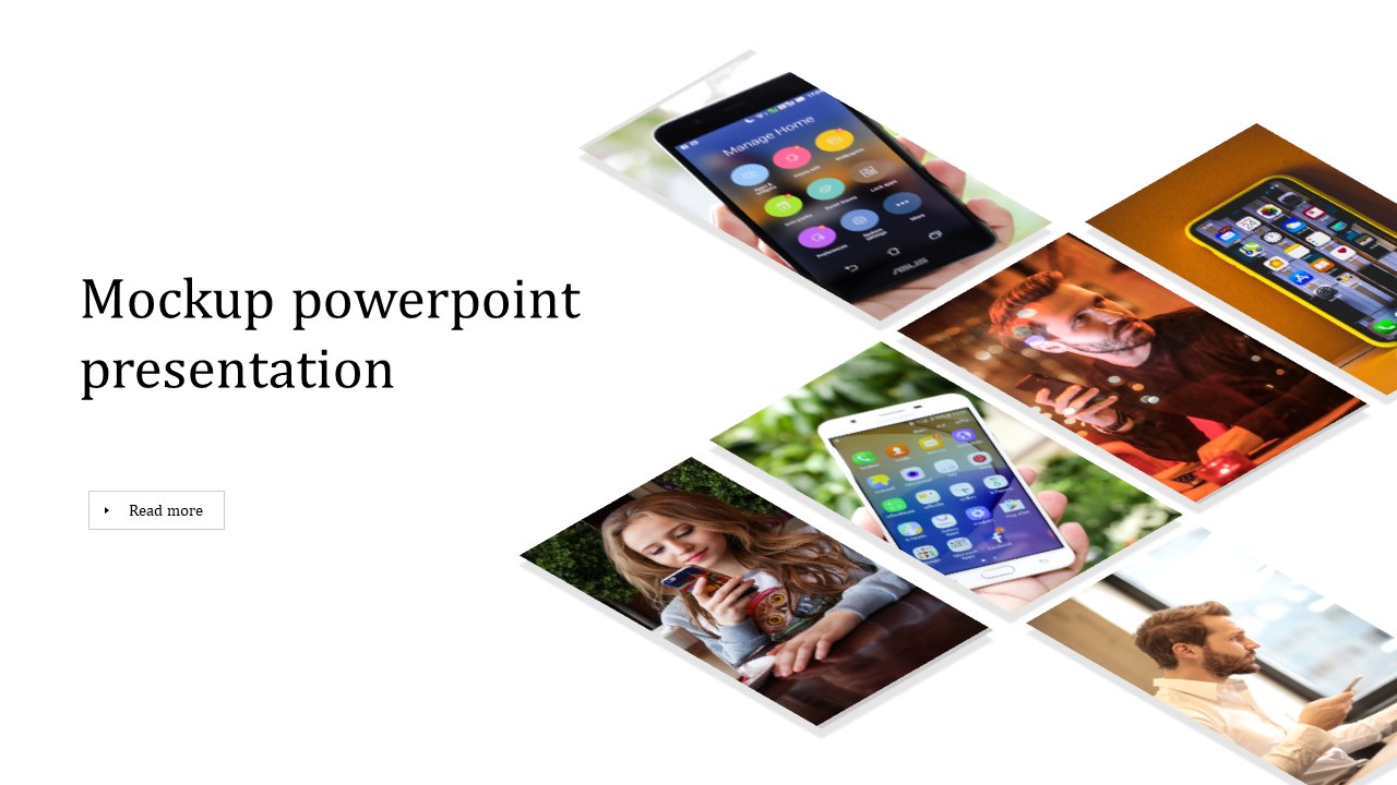 Mockup slide with a white background featuring text and a diagonal grid of smartphone related images on the right.