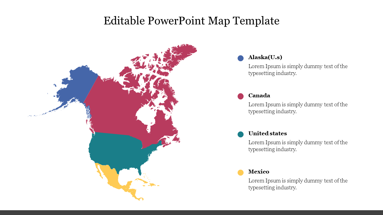 Map of North America with labeled regions in blue, red, teal, and yellow, with descriptions on the right.